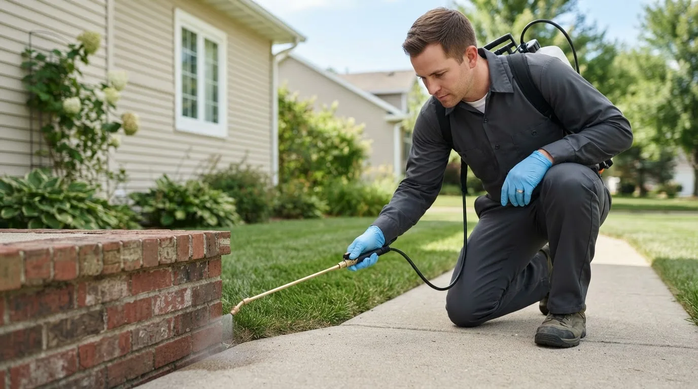 Pest control technician treating a home near Owensville, OH