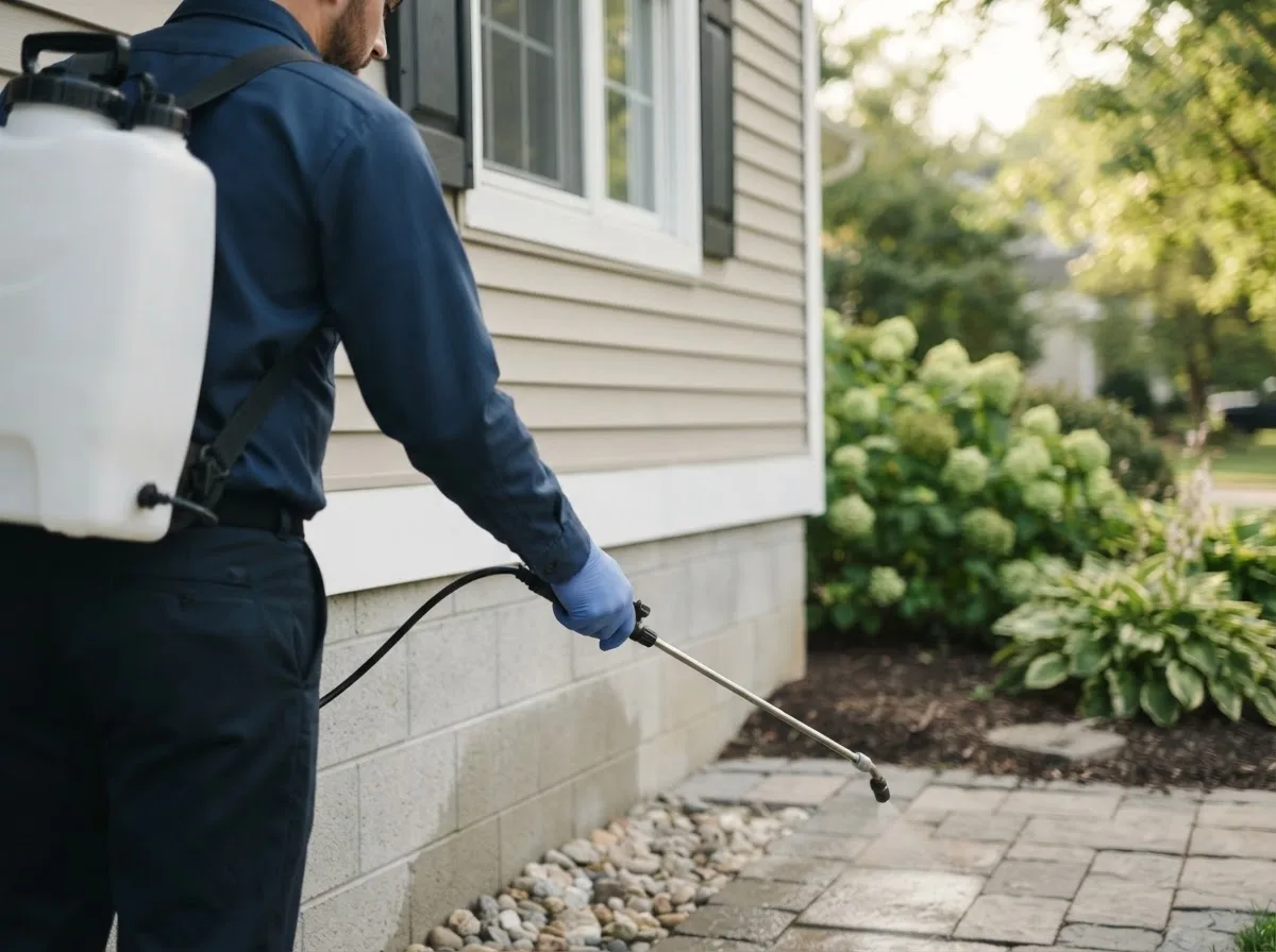 Pest control technician inspecting a home in Owensville, OH